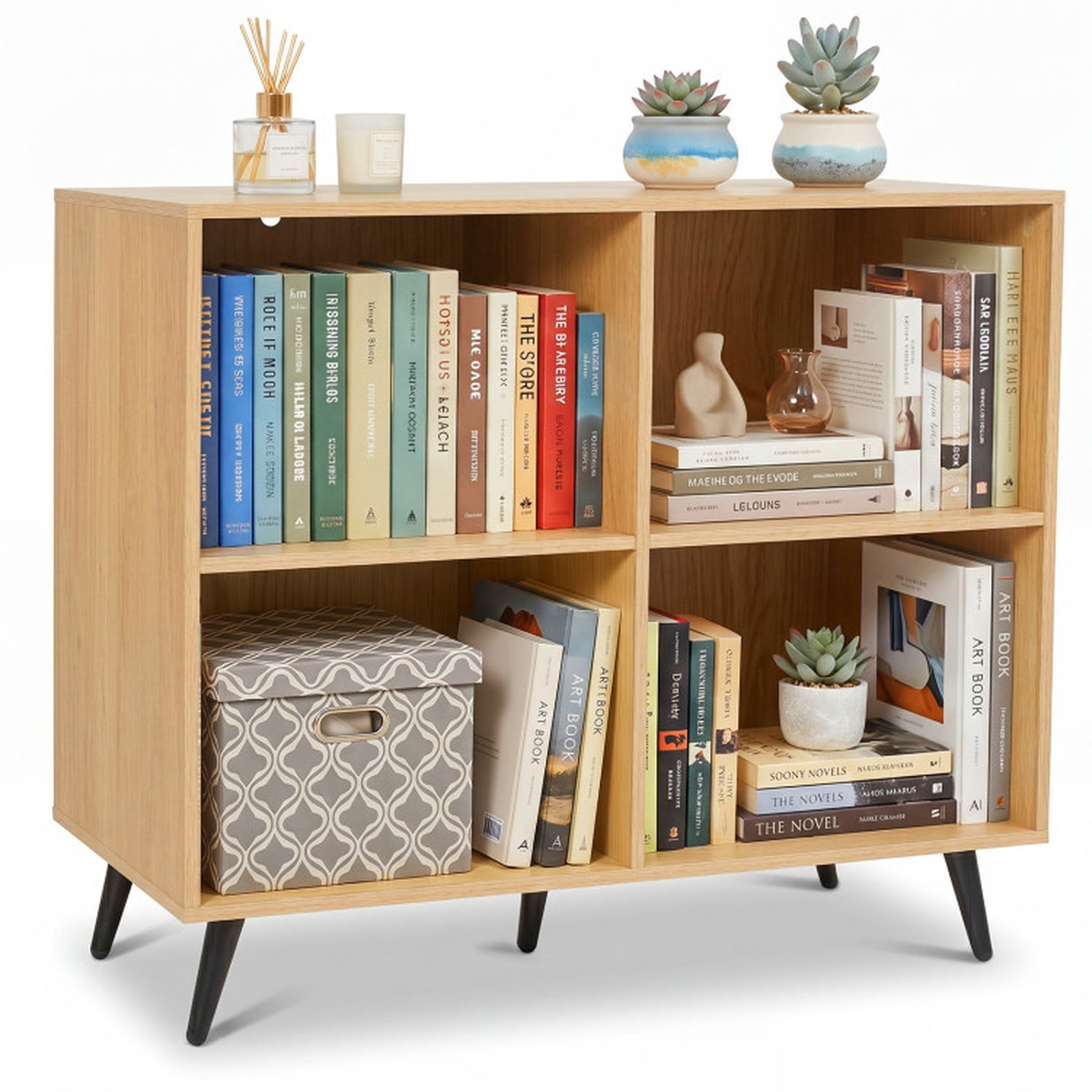 Furnibear 4-Cube Wooden Bookshelf, Freestanding Storage Bookcase with 5 Metal Legs and Enclosed Back for Living Room Home Office, Natural