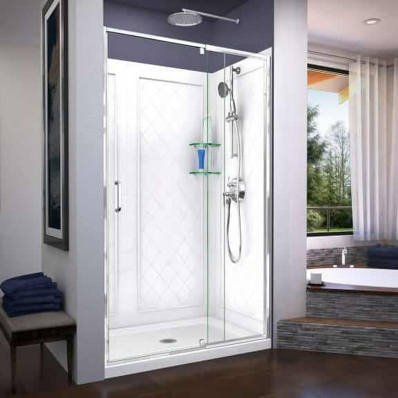 DreamLine Flex 36 in. D x 48 in. W x 76 3/4 in. H Semi-Frameless Shower Door in Chrome with Center Drain White Base and Backwalls