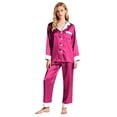 thumbnail image 2 of Ensemble de Pyjama en Satin pour Femmes, Couleur Unie avec Garniture Contrastée, Haut à Manches Longues avec Col Cranté et Pantalon, Détail de Manchette Contrastée Élégant, Chemise de Nuit à Boutons Rose Vif TTG, 2 of 8