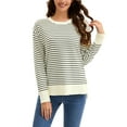 thumbnail image 2 of ATHLECHIC Women's Striped Knit Sweater Crew Neck Oversized Side Slits Pullover Tops Fall Casual Outfits S Apricot-black, 2 of 5