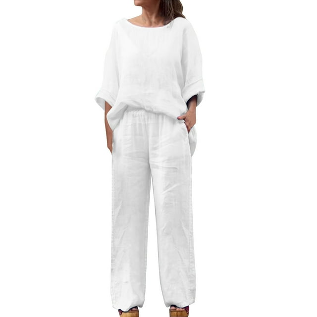 Timegard Womens Plus Size Sets Round Neck 3/4 Sleeve Top Wide Leg Pants Fall Casual Lightweight Outfits