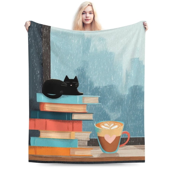 Cozy Book Lover Cat Throw Blanket, Coffee & Books Illustration, Soft Flannel Fleece, Reading Nook Home Decor 50x40