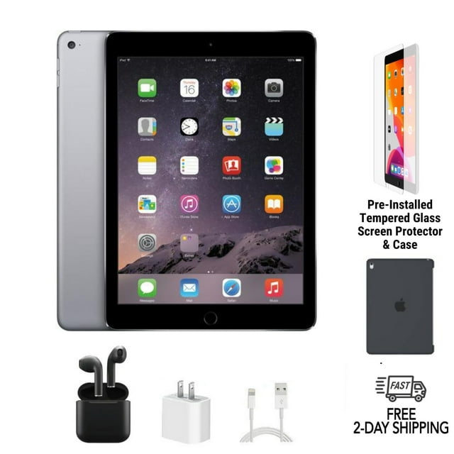 Refurbished Apple iPad Air 2 A1567 (WiFi + Cellular Unlocked) 128GB Space Gray (Grade B) Bundle with Case, Wireless Earbuds,Tempered Glass Screen Protector