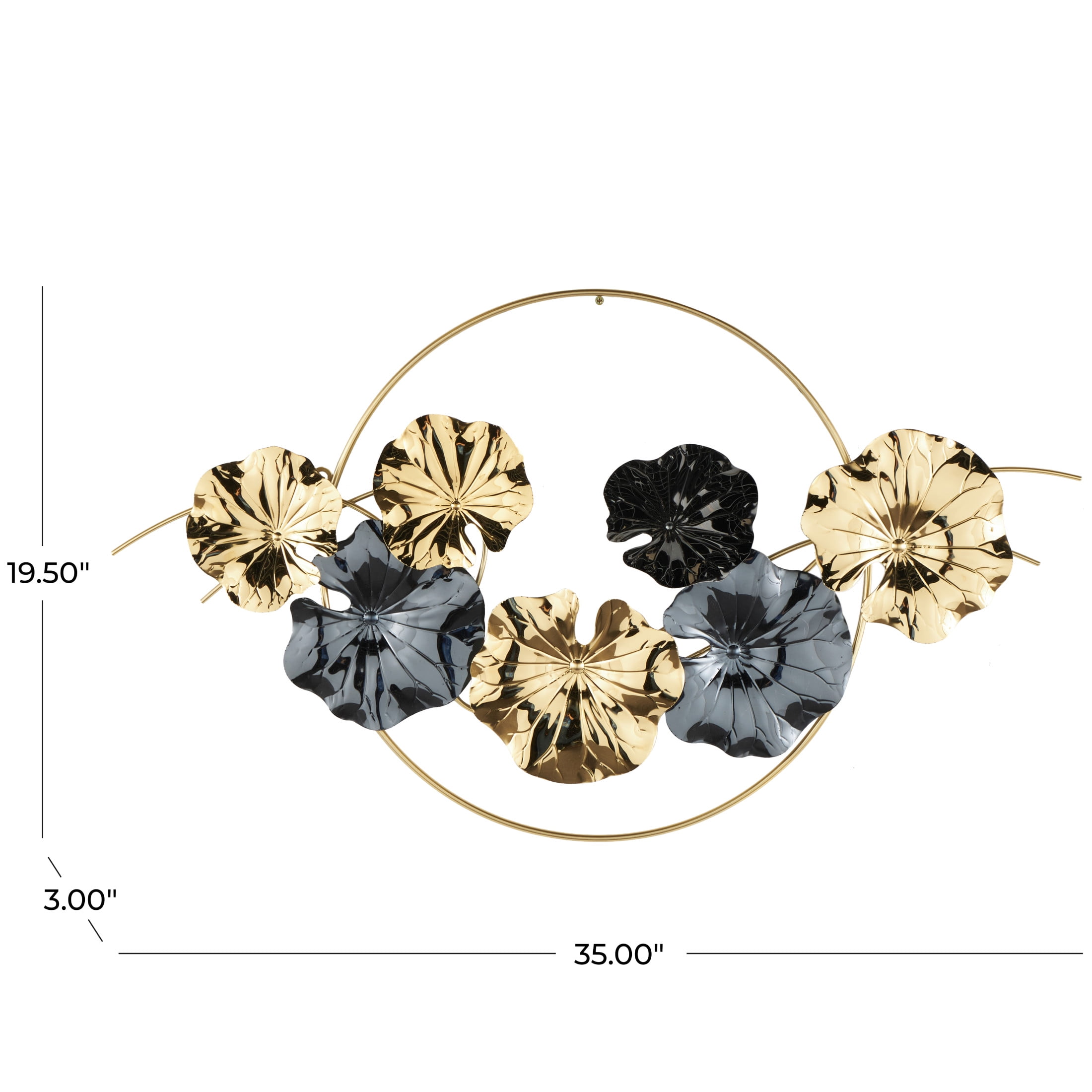 DecMode Gold Stainless Steel Metal Floral Wall Decor with Circular Frame and Black Accents