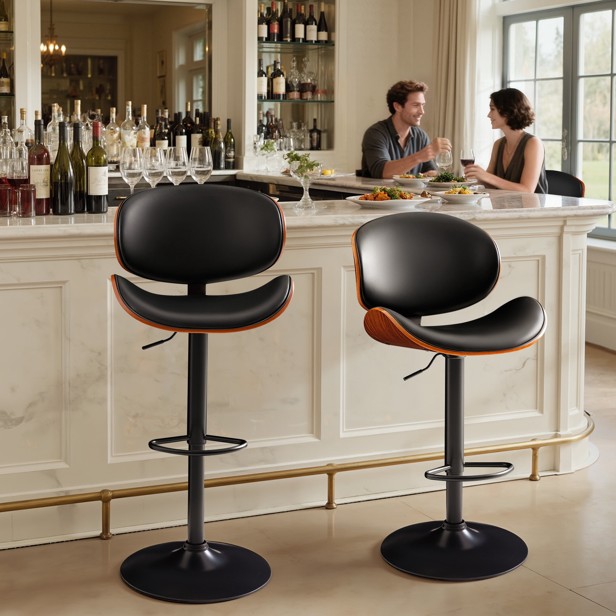 Homall Bar Stools Set of 2 Swivel Counter Height Bar Chairs Upholstered Bentwood Barstools with Back and Footrest for Kitchen, Coffee Bar, Black