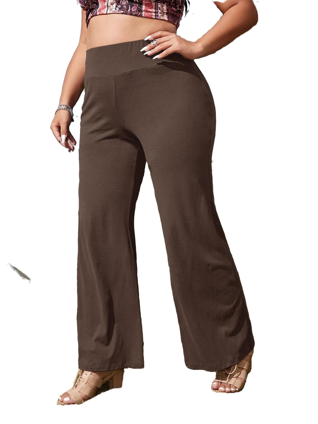 Women's Chocolate Brown Casual Plain Wide Leg Plus Size Pants