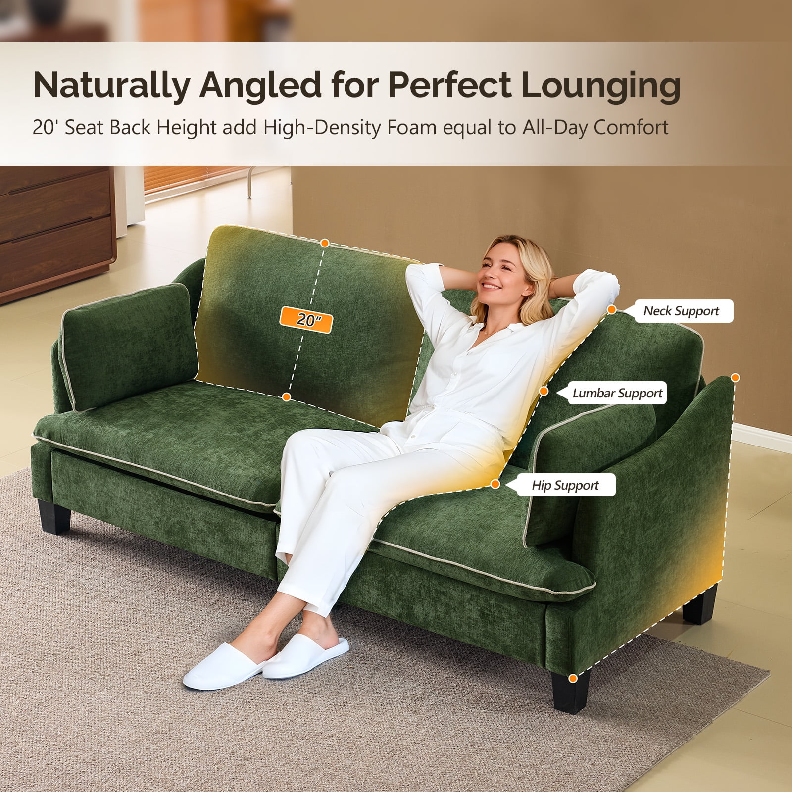Ktaxon 84" Sofa, Linen Fabric Deep Seat Couch with Lumbar Pillows, Oversized Loveseat for Small Spaces, Living Room Green