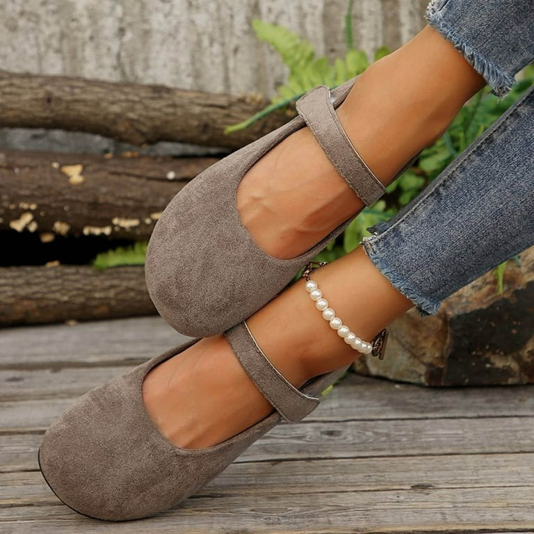 Gray Womens Buckle Detail Mary Jane Flat Shoes Soft Sole