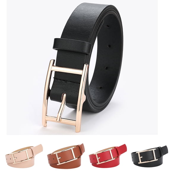 IQOGKRN Women Classic Thin PU Leather Pin Belt Polished Rose Gold Square Alloy Buckle Casual Dress Belt Waist Strap Brown One Size
