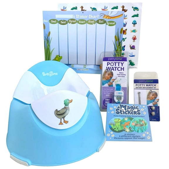Potty Time Party Pack - Includes Potty Watch, Potty Training Seat, Easy to Peel Magic Color Reveal Stickers Reward Chart & Replacement Battery for Kids - Pond