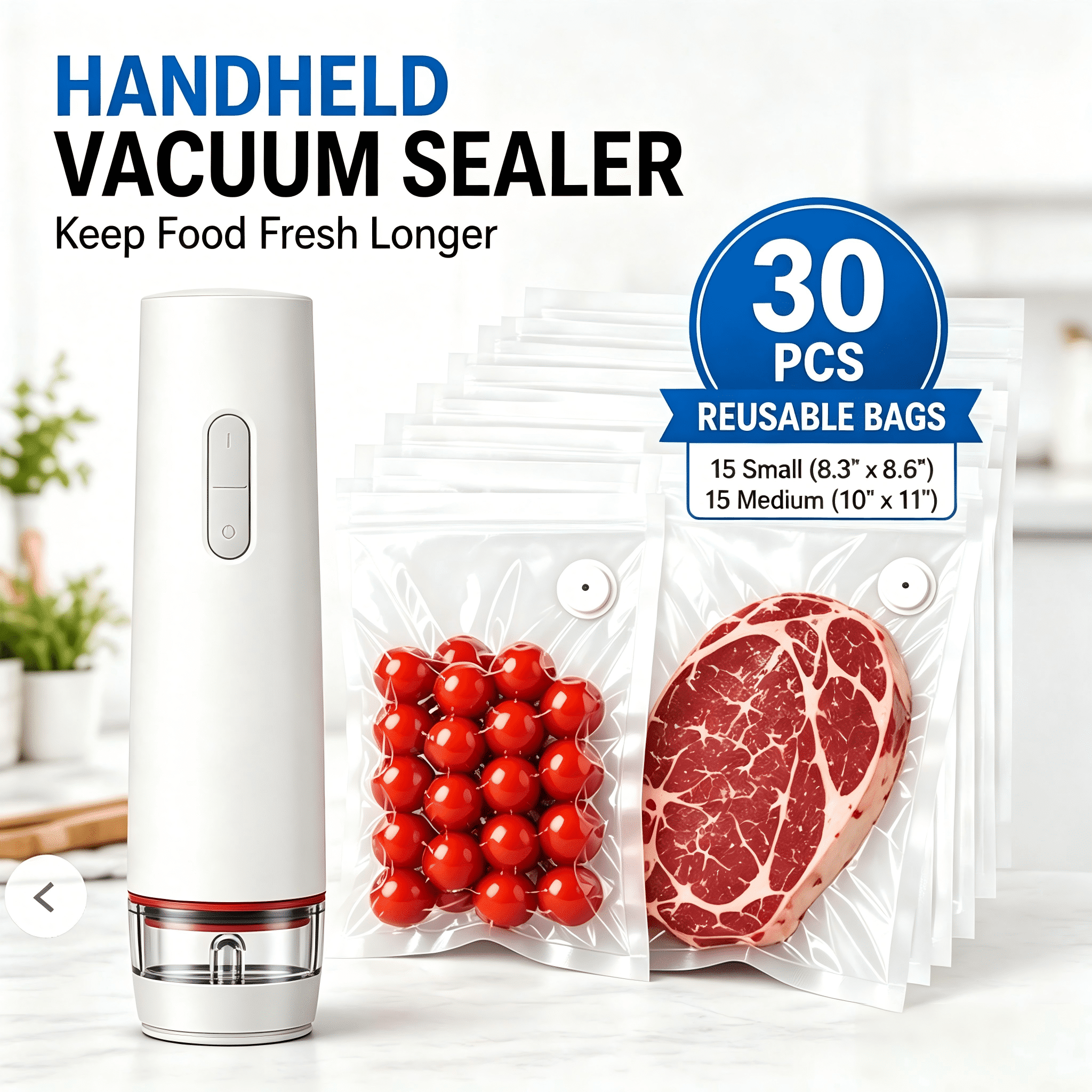 Efoee Handheld Vacuum Sealer, Compact Food Vacuum Sealer with 30 Reusable Bags for Sous-Vide,Meal Prep and Food Fresh Preservation for Kitchen