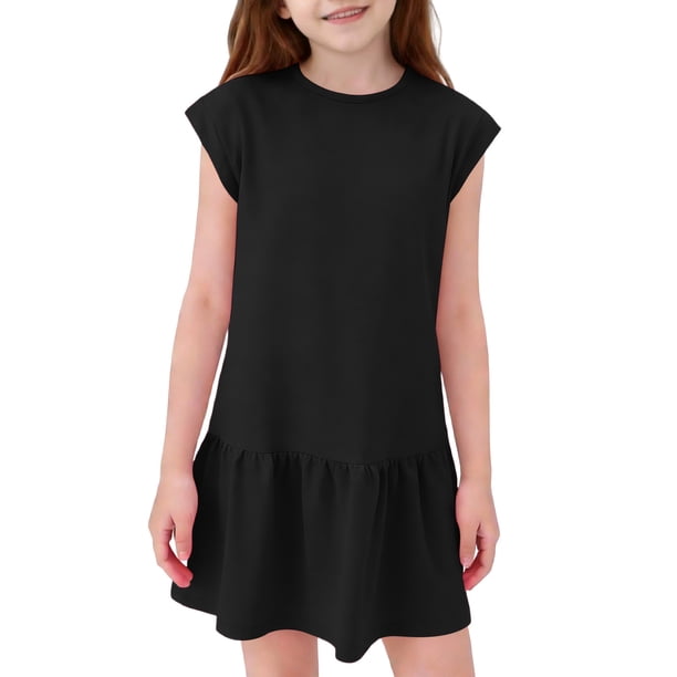 Niña Vestido de Primavera Estiramiento Suave Cómodo Casual Vestidos Sueltos para 5-14 Años Vestido de Verano de Manga Corta