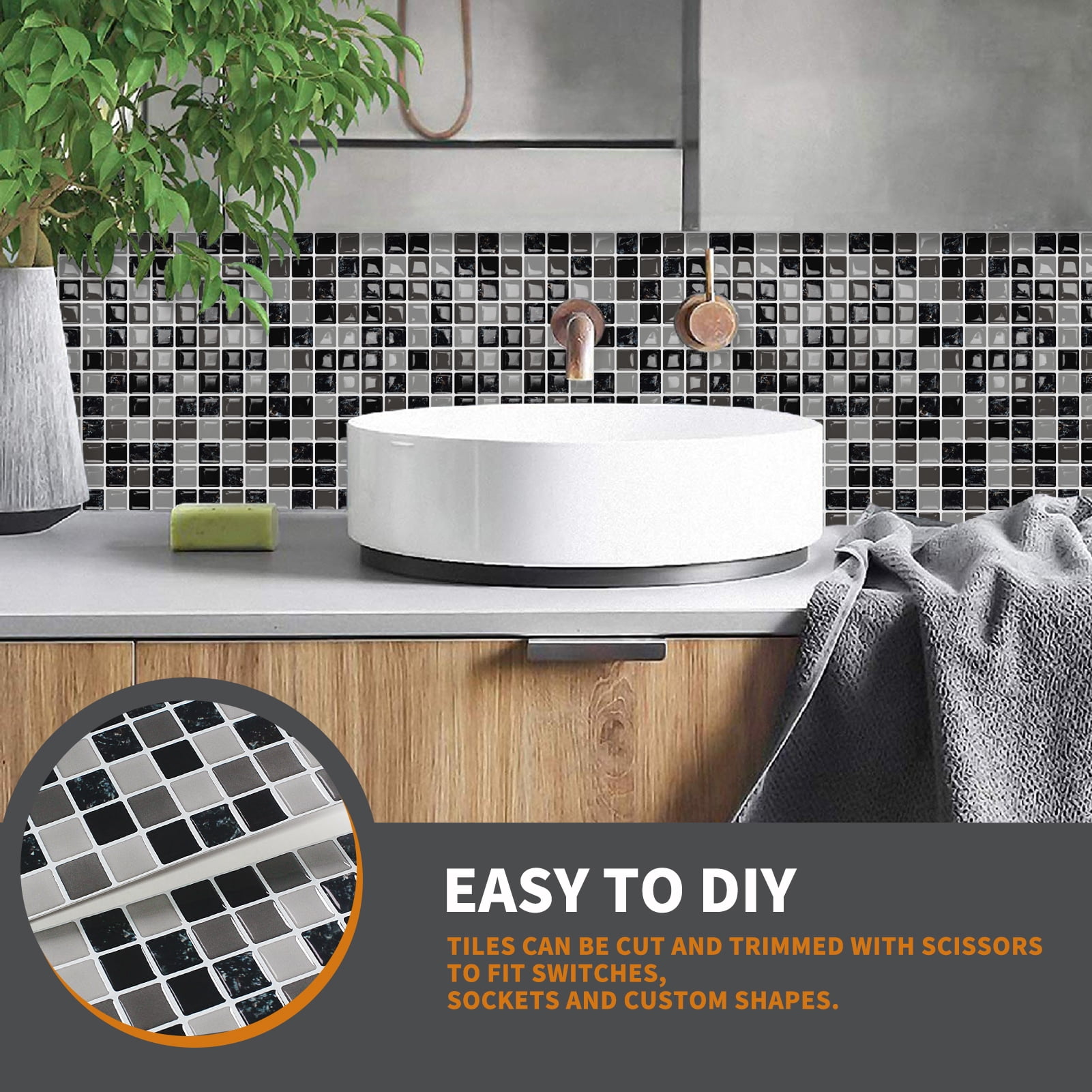 DEWOO 10 Sheet Thicker Mosaic Peel and Stick Backsplash Tile Removable Self Adhesive Wall Tiles for Bathroom Kitchen Counter (12"×12",Grey)
