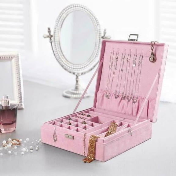 2-Tier Velvet Jewelry Box w/ Lock Jewelry Display Storage Case for Women, Pink