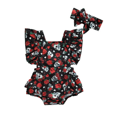 

Meihuida 2Pcs Baby Girl Halloween Outfit Rose Skull Print Square Neck Ruffle Romper + Hairband Set for Infants 0-24 Months