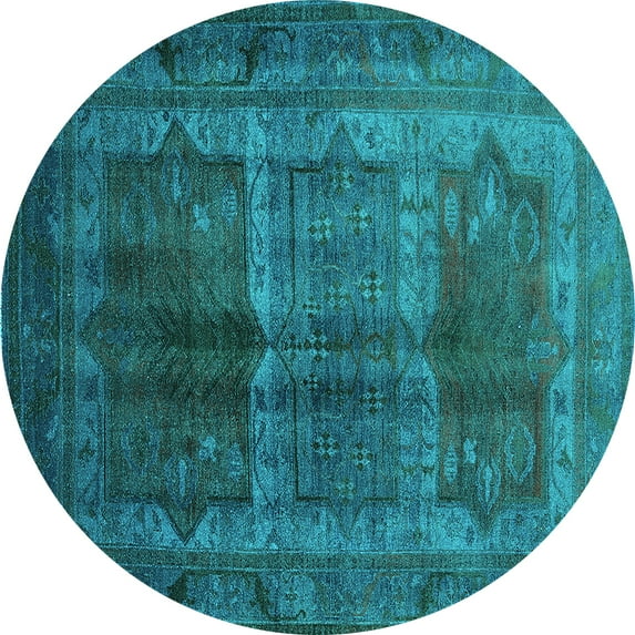 Ahgly Company Machine Washable Indoor Round Oriental Turquoise Blue Industrial Area Rugs, 4' Round