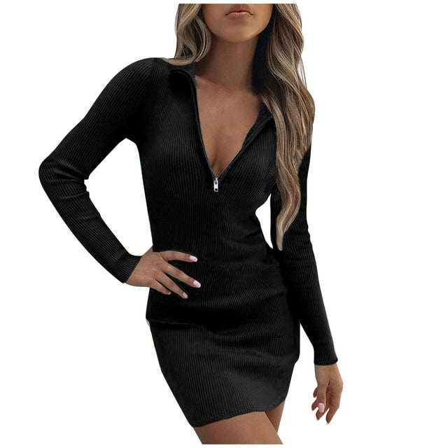 Pompotops Robe Décontractée Mode Femme Couleur Unie Taille Hanches Col à Revers Fermeture Éclair Manches Longues Col en V en Solde