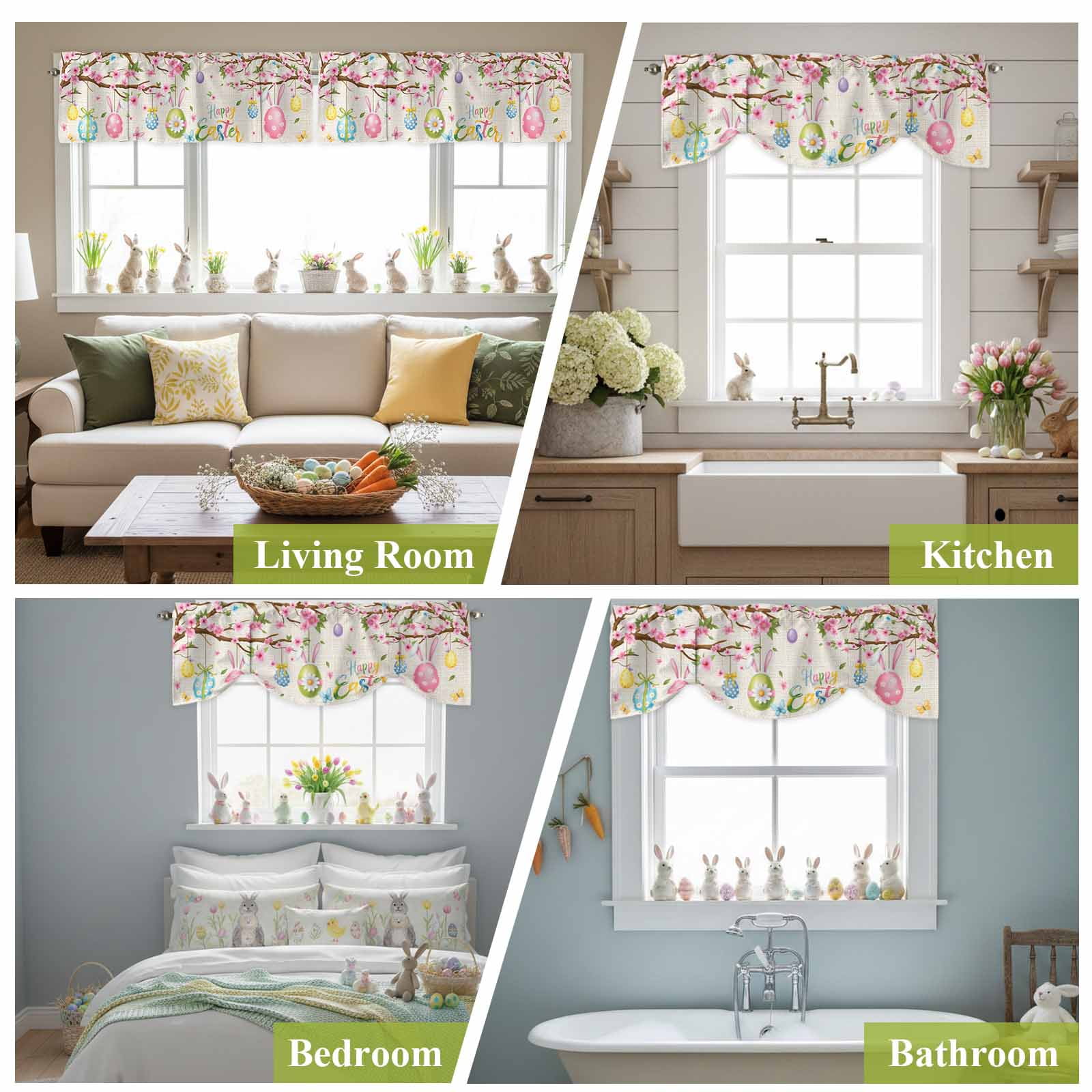 Happy Easter Tie Up Valances Curtain, Colorful Rabbit Ears on Easter Egg Spring Floral Tree Linen Texture Adjustable Rod Pocket Short Window Treatment Tie Up Curtains for Kitchen Living Room 60x18 In