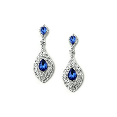 Around Crystal - Rhodium Crystal Rhinestones around Sapphire Teardrops Dangle Earrings