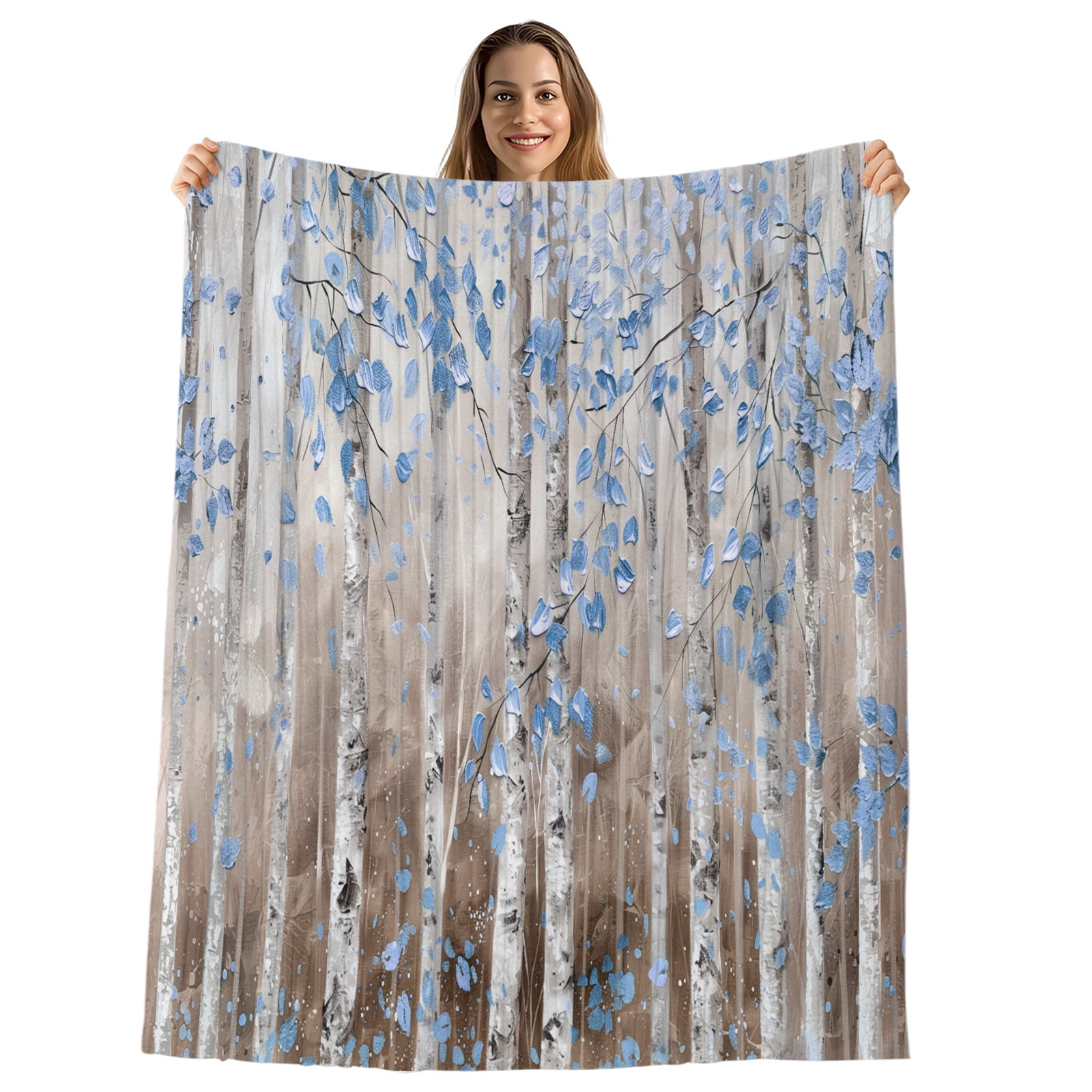 Blue Brown Forest Throw Blanket, Flannel Fleece Blanket with Striped Design for Couch, Modern Oil Painting Art Soft Breathable All Season Plush Blankets for Loveseat Sofa Bed 60"x80"
