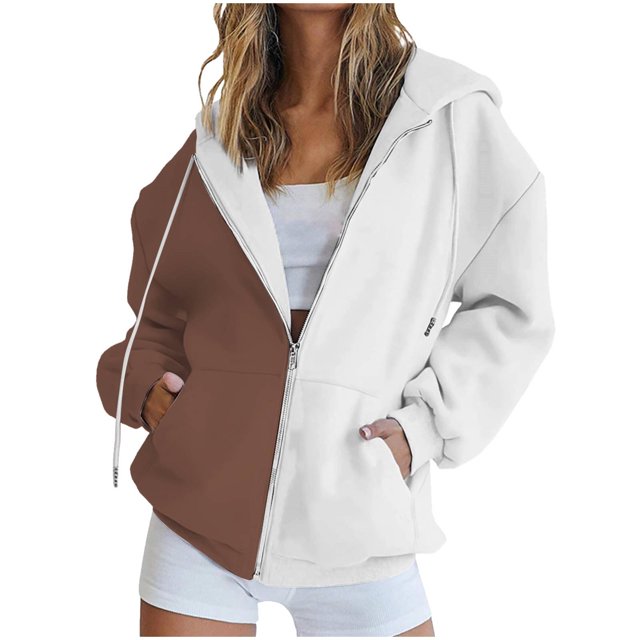Timegard Zip up Hoodies for Women Long Sleeve Color Block Sweatshirts Fall Winter Loose Comfy Jacket
