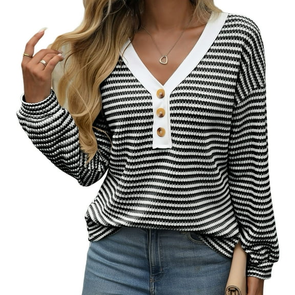 Women's Casual Loose V-Neck Striped Button Black Pullover Sweatshirt,Spring/Autumn/Winter,S-2XL