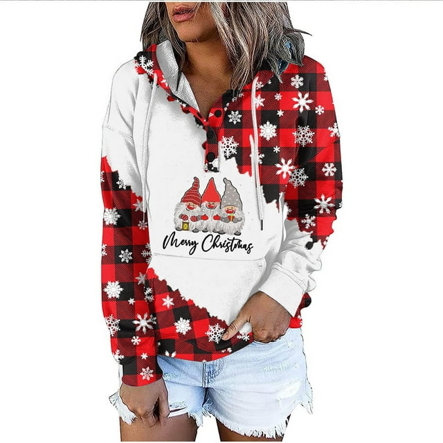 Timifies Haut de Noël pour Femmes, Blouse à Manches Longues avec Poche Imprimée Mode Décontractée Sweat à Capuche Boutonné/rouge, (TTTG)
