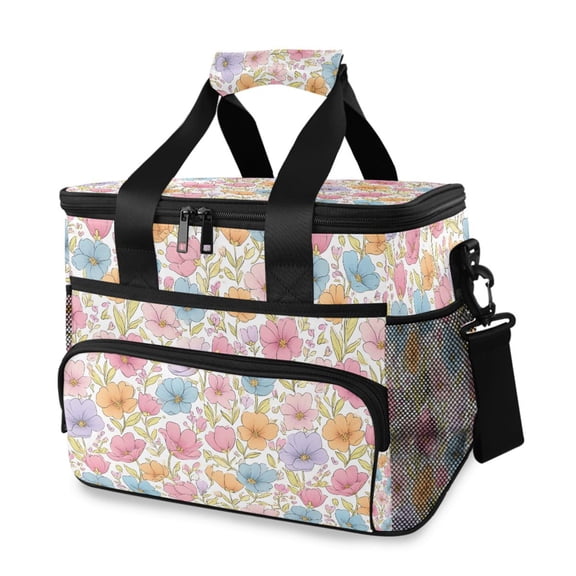 FORMRS Insulated Cooler Bag 24 Cans Capacity Soft Leakproof Lunch Box with Side Pockets, Cute Pastel Flowers Pattern