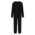 thumbnail image 5 of Womens Waffle Knit Pajama Sets Fall V-Neck Loose Loungewear Long Sleeve Sleepwear and Wide Leg Pants Solid Color Outfits (Black L), 5 of 6