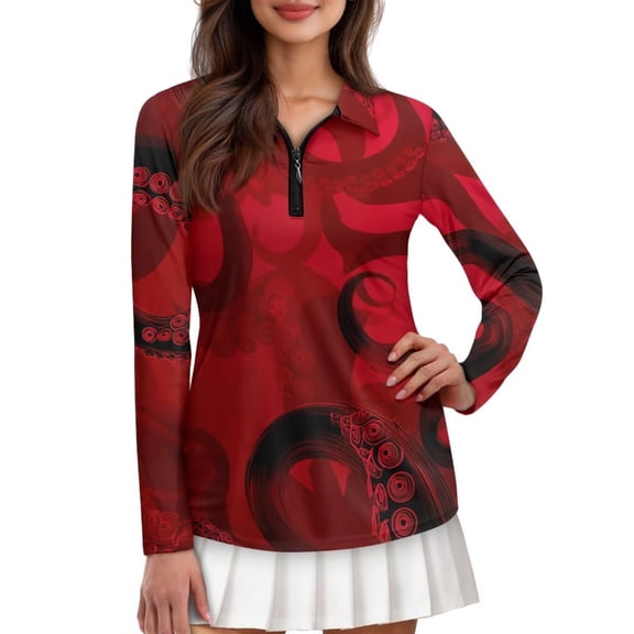 FUIALDOLG Red Octopus Print Women's Polo Shirts UPF 50 Tennis Top for Women Moisture Wicking Long Sleeve Athletic Shirts Golf Workout Polos Y2K Top