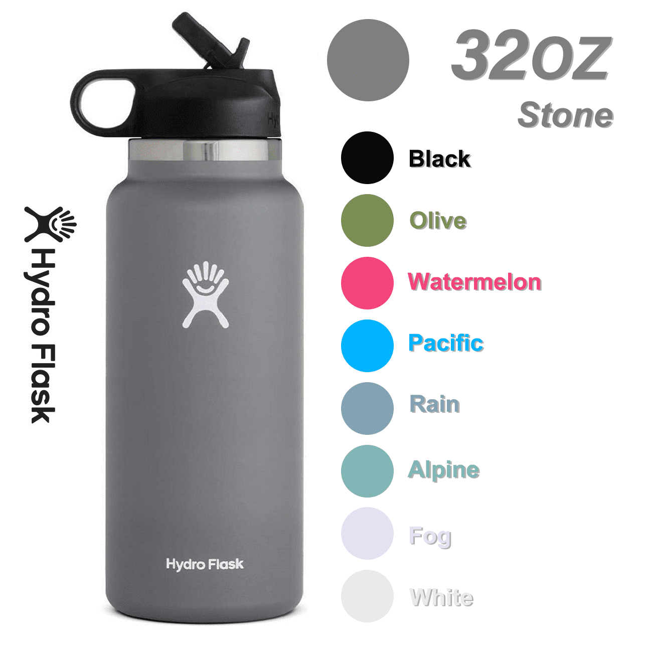 Hydro Flask 32OZ Wide Mouth 2.0 Water Bottle, Straw Lid, Multiple Colors -  Fog, New Design