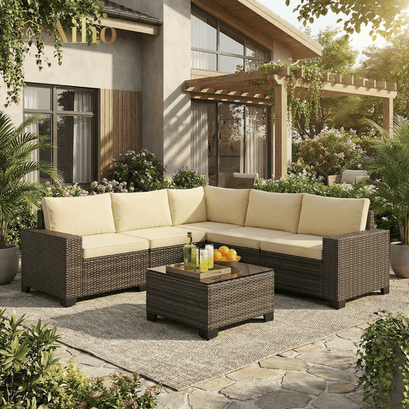Aiho 6 Pieces Patio Furniture Set, All Weather Wicker Outdoor Conversation Set with Soft Cushions & Coffee Table, Perfect for Patio, Garden, Beige