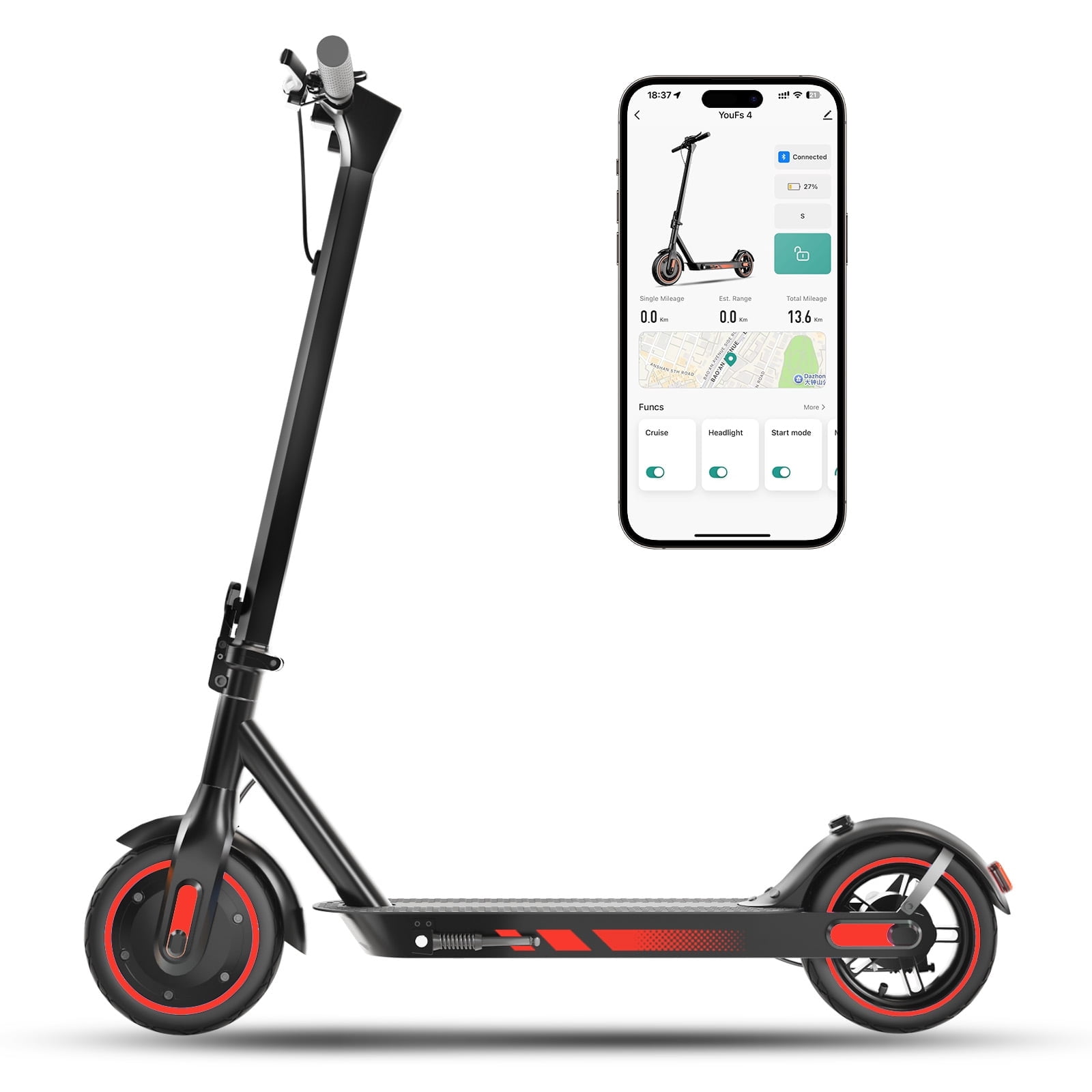 HiQiS Electric Scooter for Adults, 500W Motor, 10"Air Tires, up to 22 MPH and 22-28 Miles Range, Lightweight Folding Electric Scooter for Commuter Red