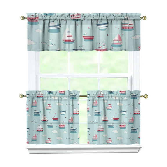 Seaside Nautical Kitchen Curtains Set with Anchor and Lighthouse Marine Coastal Ocean Tier and Valance Curtains Compass Sailor Travel Style