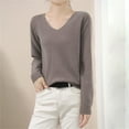 thumbnail image 2 of ManxiVoo Women's V Neck Knitted Sweater Long Sleeve Solid Color Warm Low Neck Base Layer Winter Top S Size Khaki, 2 of 4