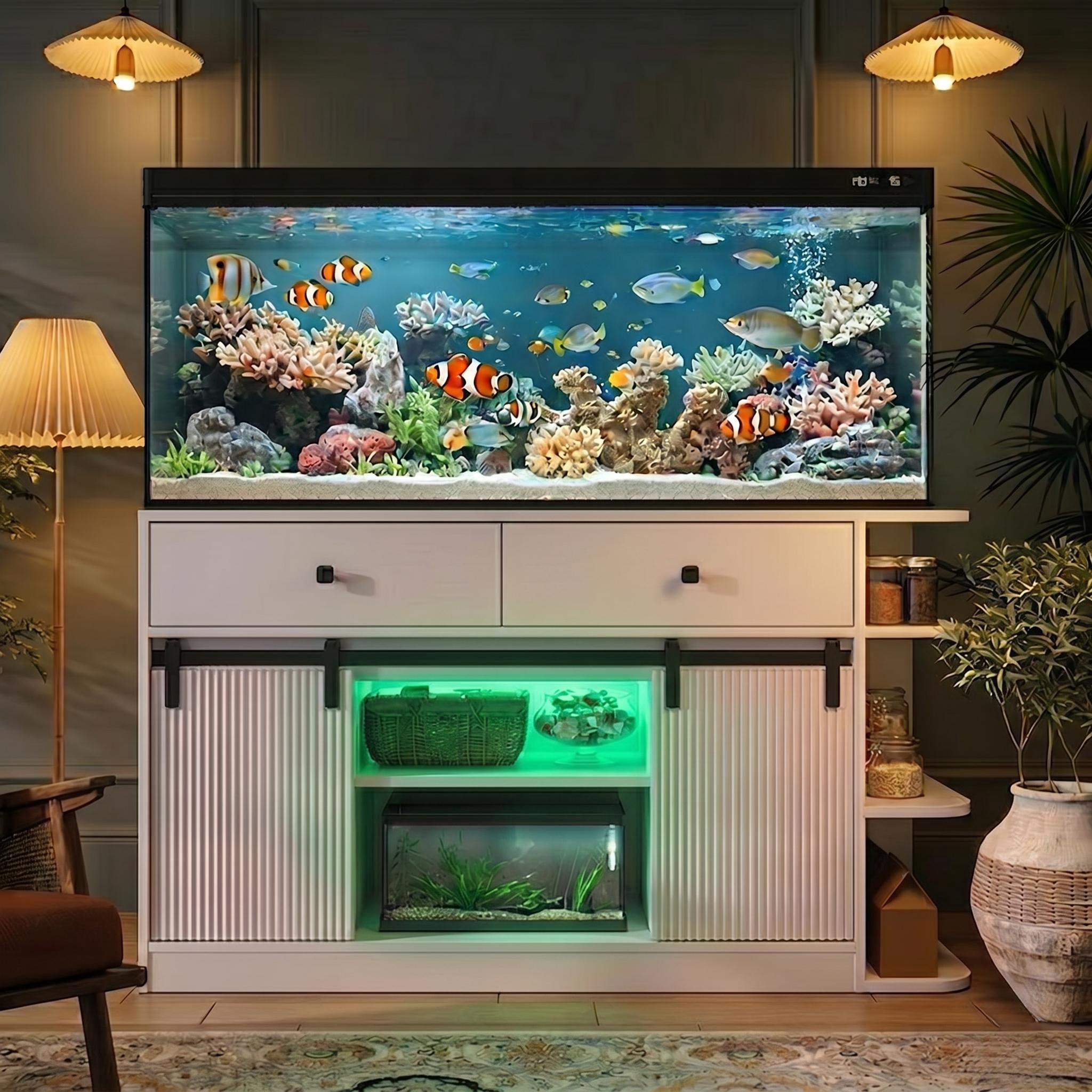Mintazer 55-75 Gallon Fish Tank Stand with LED Light & Charging Station, 55" Aquarium Stand with Storage & Sliding Doors, Heavy Duty Tank Stand for 2 Fish Tank Terrarium, 1200lbs, White