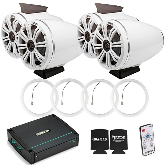 Kicker KMFC65W 6.5" Flat Mount White Tower Speakers (2 pair) with LED Rings, KXM4002 Marine Amplifier