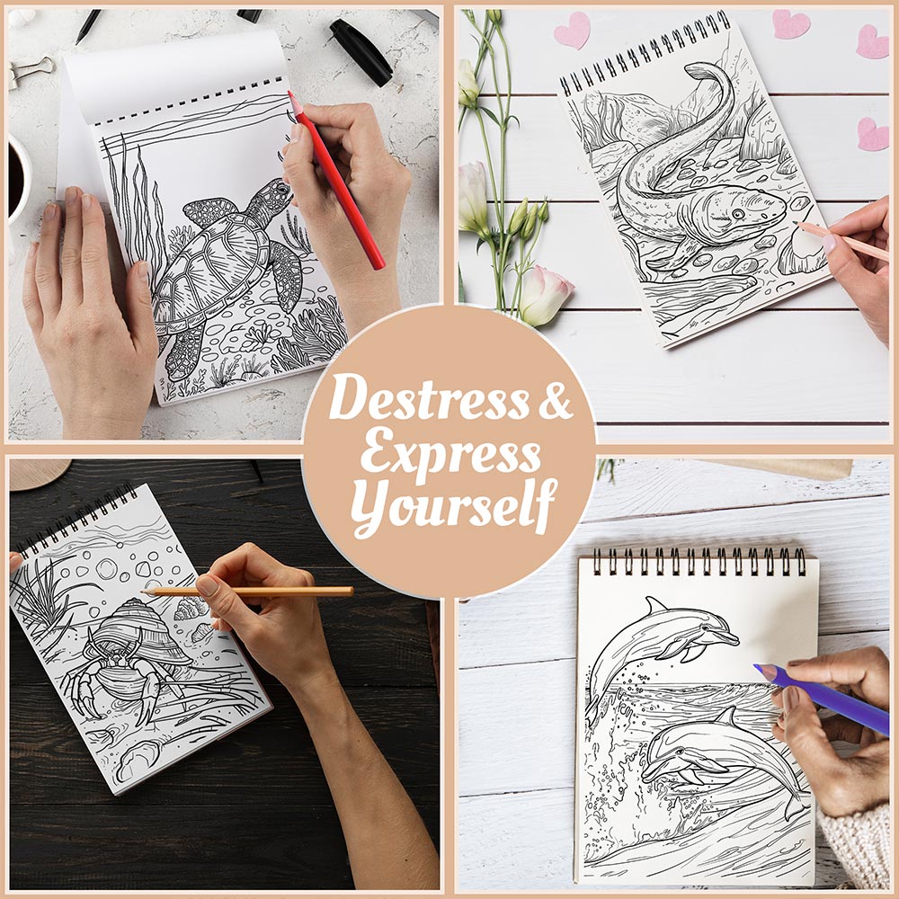 Netecom Ocean Wildlife Coloring Book Spiral Bound for Adults, A5 Wooden Cover, 30 Beautiful Coloring Pages of Life Undersea for Stress Relief and Relaxation