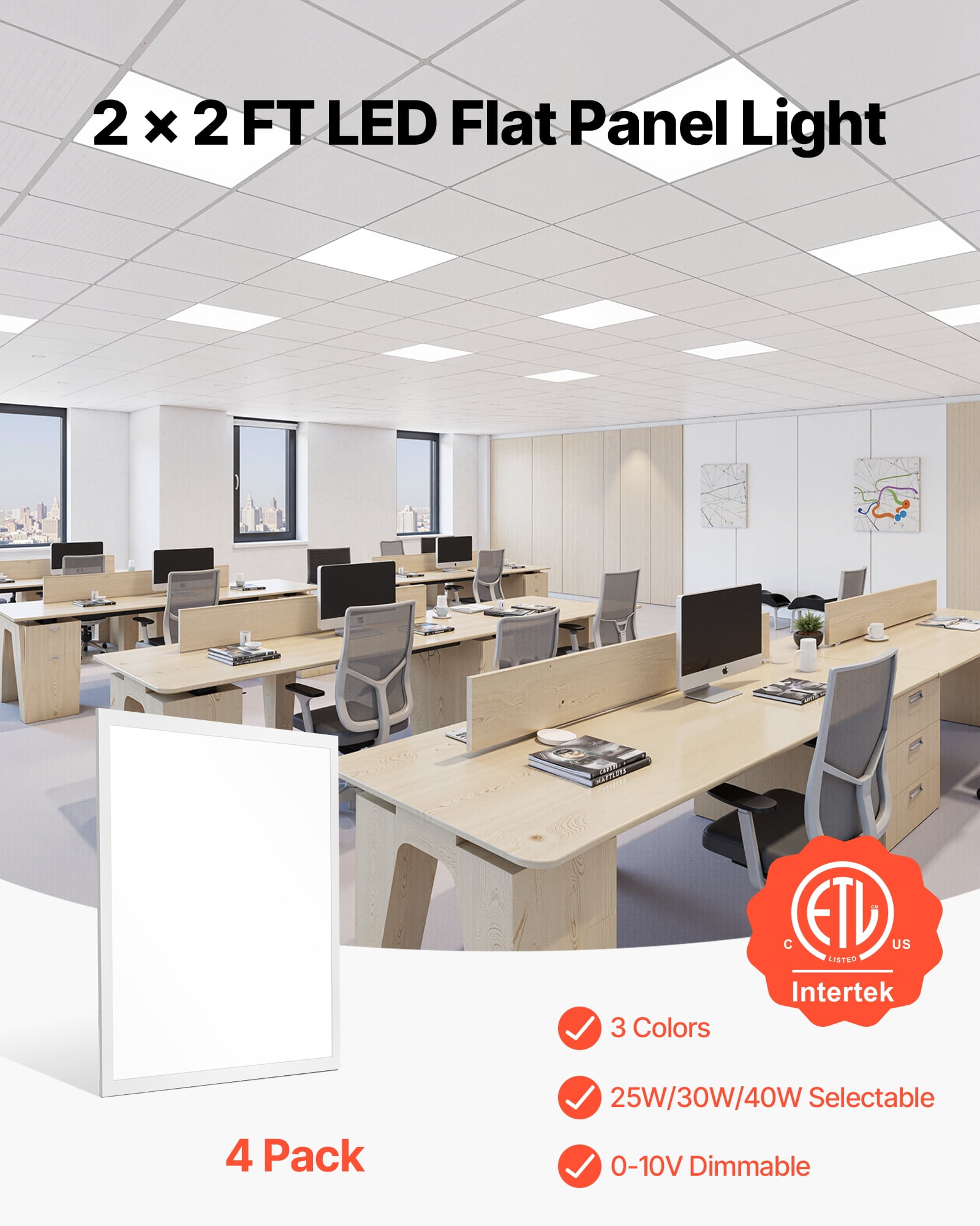 VEVOR 2x2 FT LED Flat Panel Light, 5700 LM, Flush Mount LED Drop Ceiling Lighting Fixture with 3 Color Selectable 3000K/4000K/5000K, 25W/30W/40W, 0-10V Dimmable, Ultra Slim for Home Kitchen, 4 Pack