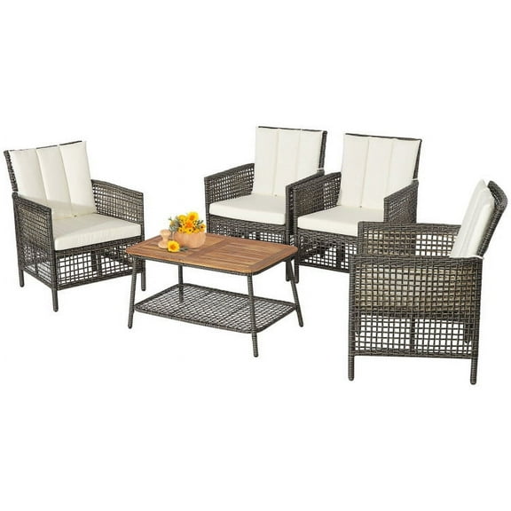 Spaco Patio Furniture 4 Pieces Patio Rattan Furniture Set, Outdoor Wicker Rattan Chairs Garden Backyard Balcony Porch Poolside loveseat with 2-Tier Coffee Table-White