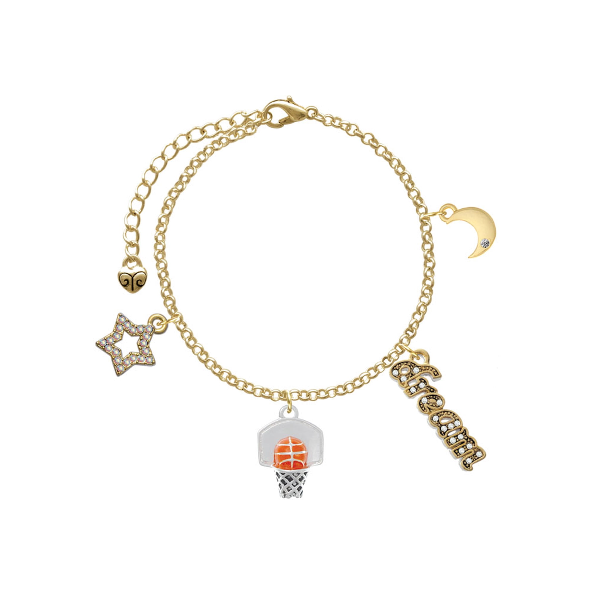Delight Jewelry Silvertone 3-D Enamel Basketball in Hoop Goldtone Dream Big Charm Bracelet, 7.5+2" Extender