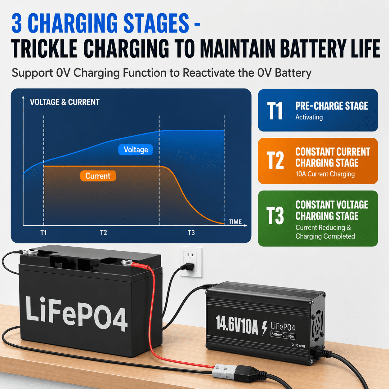 12V 10A Lithium Battery Charger, 14.6V Battery Charger with Premium Aluminum Housing - 0V Activation for LiFePO4  Golf Cart, RV, Marine, Boat, Trolling Motor - Includes Connector