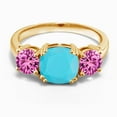 thumbnail image 2 of Gem Stone King 18K Yellow Gold Plated Silver Green Turquoise and Pink Created Sapphire 3 Stone Engagement Ring for Women (3.10 Cttw, Gemstone, Cushion 8MM, Size 6), 2 of 5