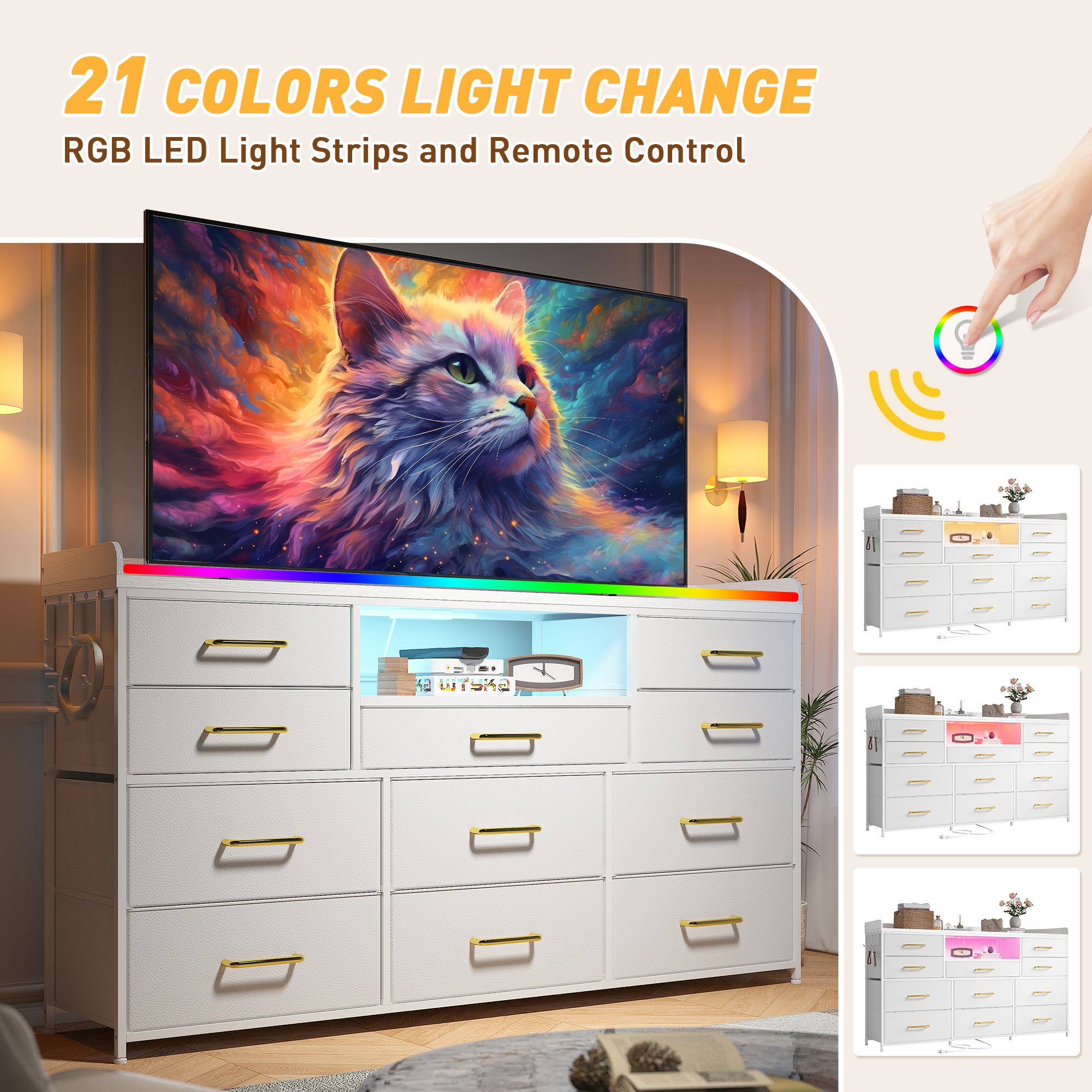 EnHomee White Dresser TV Stand for 55" TV with LED Lights & Power Outlets