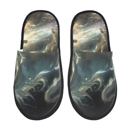 Balery Space White Horse Slient Indoor Furry Fleece Comfort House Shoes Soft Non-Slip Home Shoes Cotton slippers House Slippers-- Medium