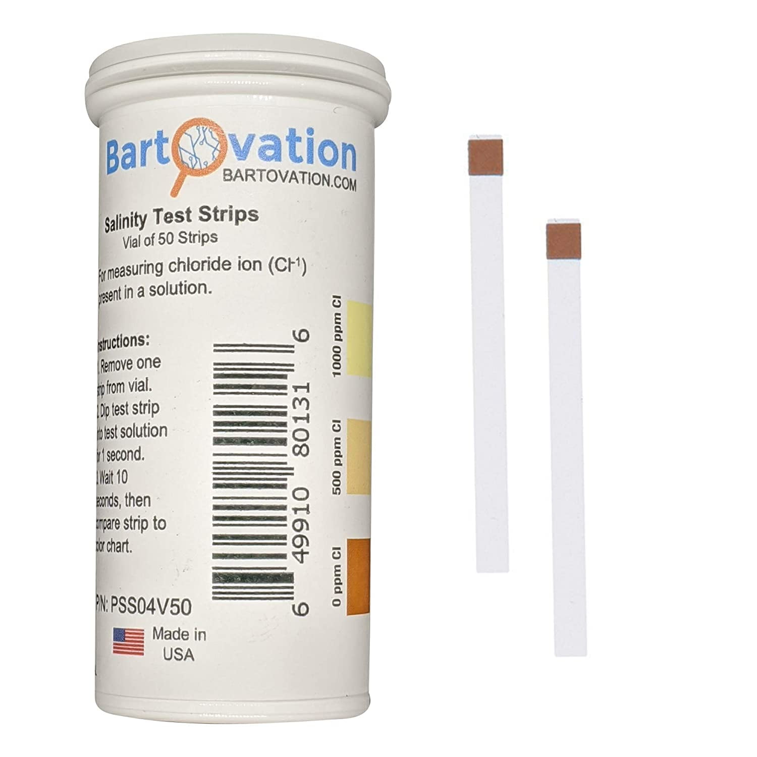 Salinity Salt Test Strips, 01000 ppm [Vial of 50 Strips] for Measuring Chloride Cl Ion in a