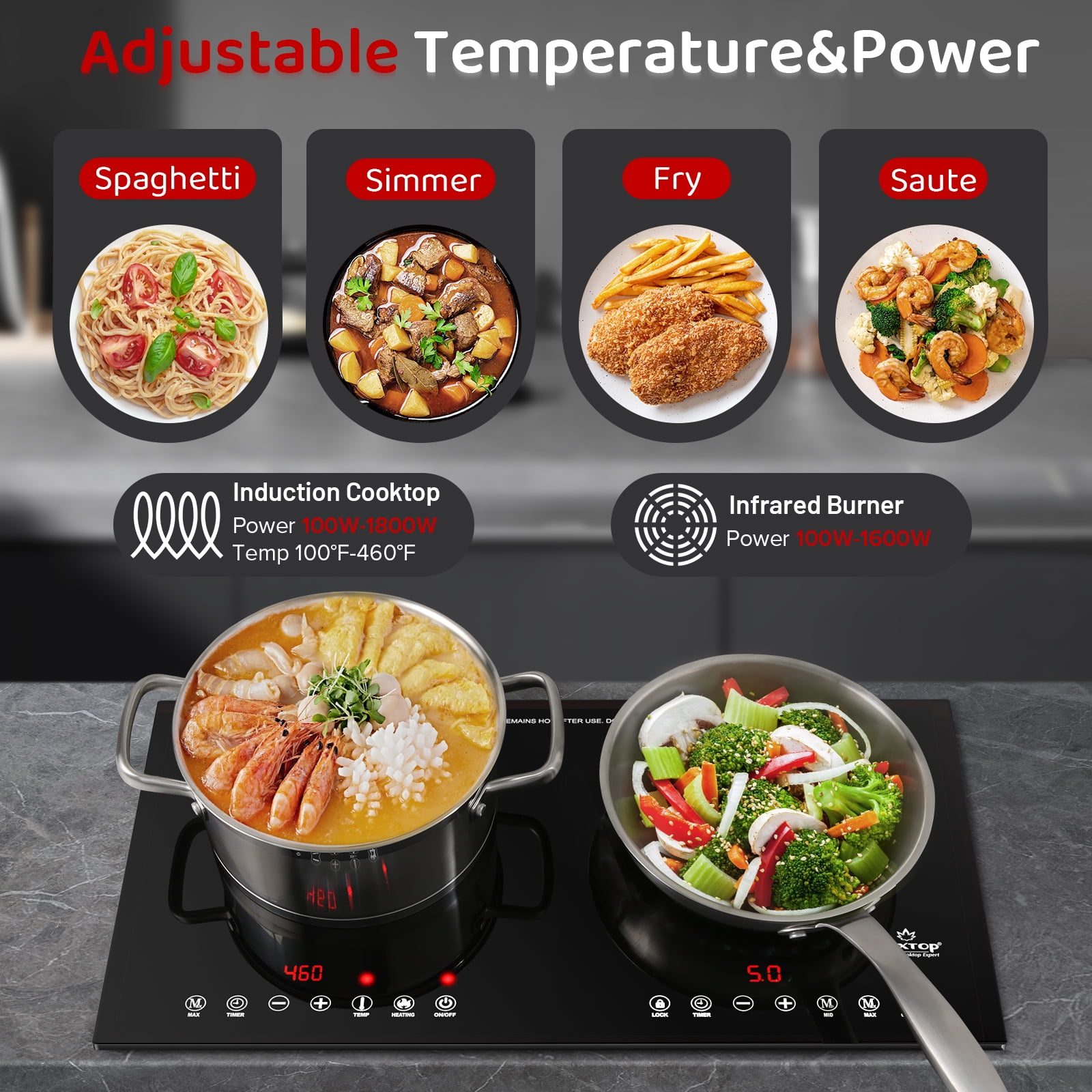 Duxtop 1800W Built-In Induction Cooktop 2 Burner, Double Induction and Infrared Cooktop, Electric Hot Plate, 9820HLBI