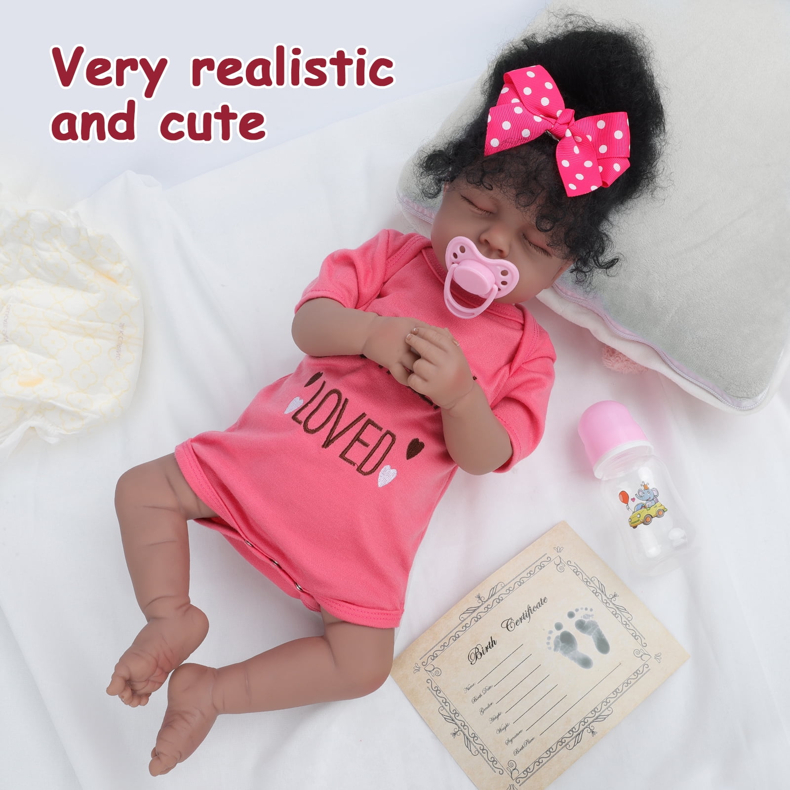 20 Inch Reborn Baby Doll Black Doll, Lifelike Baby Doll with Soft Cloth Body, Hand Rooted Curly Hair, Realistic African American Doll Toy for Kids Age 3+