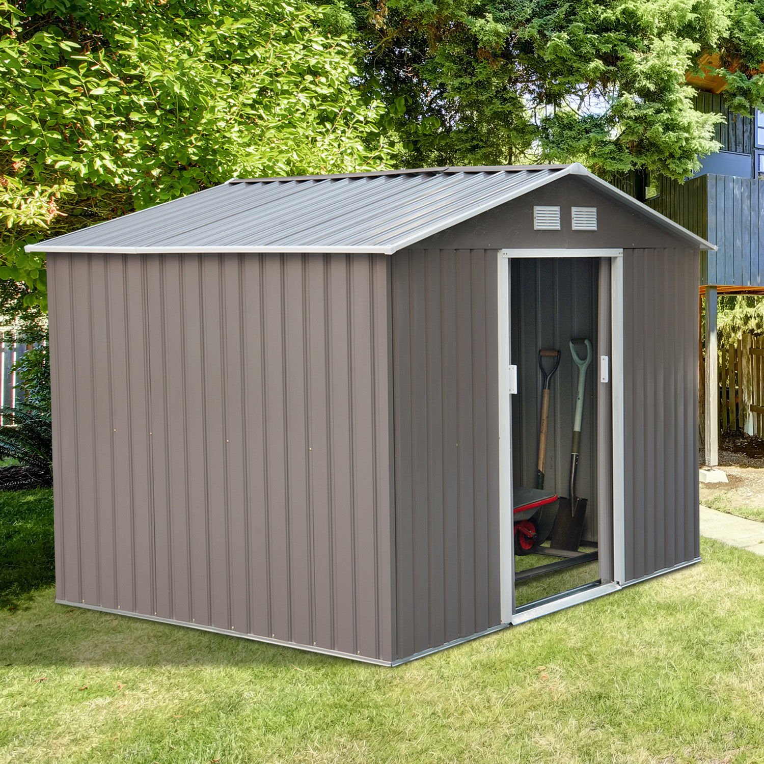 Outsunny 9' x 6' Metal Outdoor Utility Storage Tool Shed, 6.3 ft x 9.1 ft, Grey - image 3 of 11