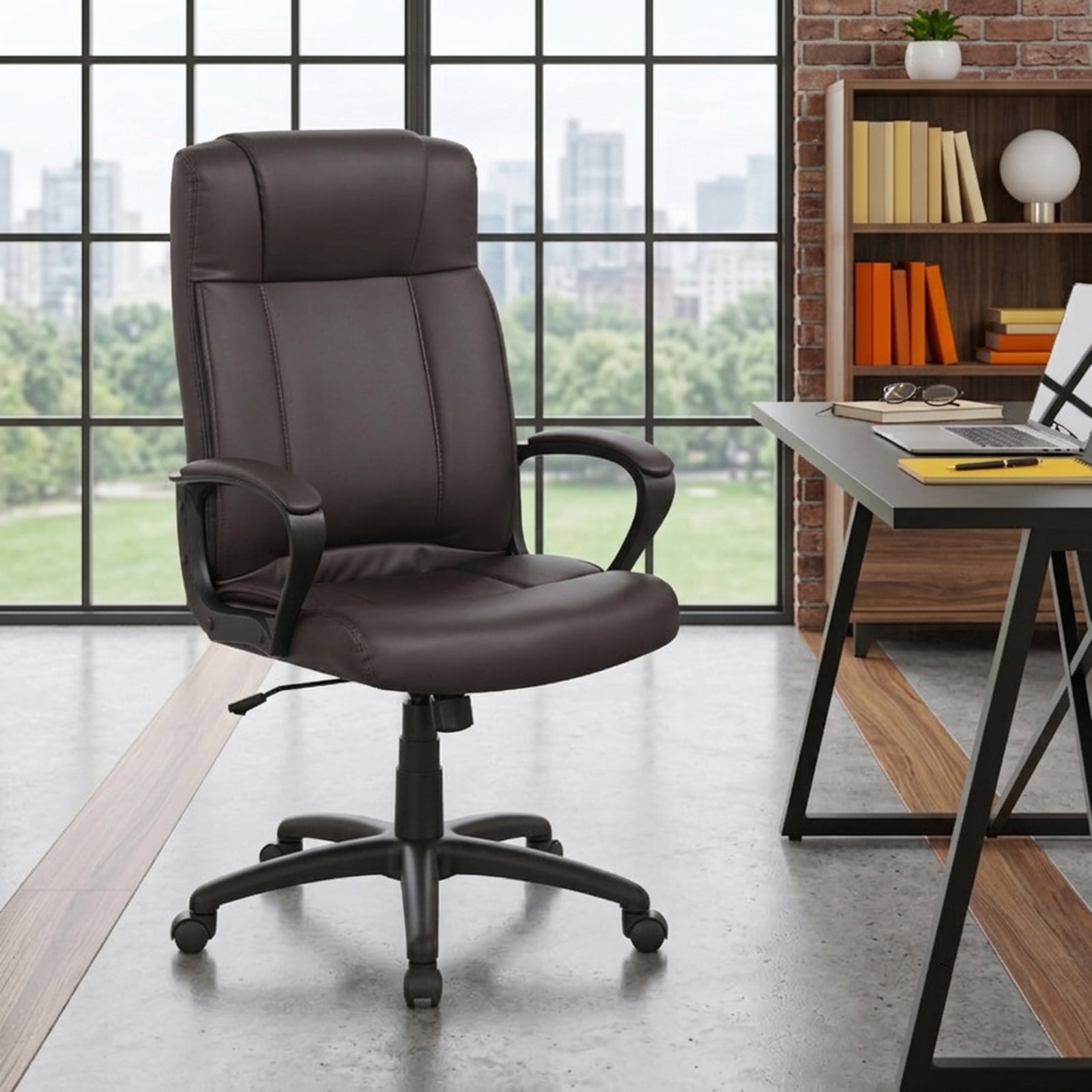 Furnibear Faux Leather Office Chair Computer Desk Chair with Rocking Function Padded Armrests Height Adjustable Swivel Seat and Casters, Brown